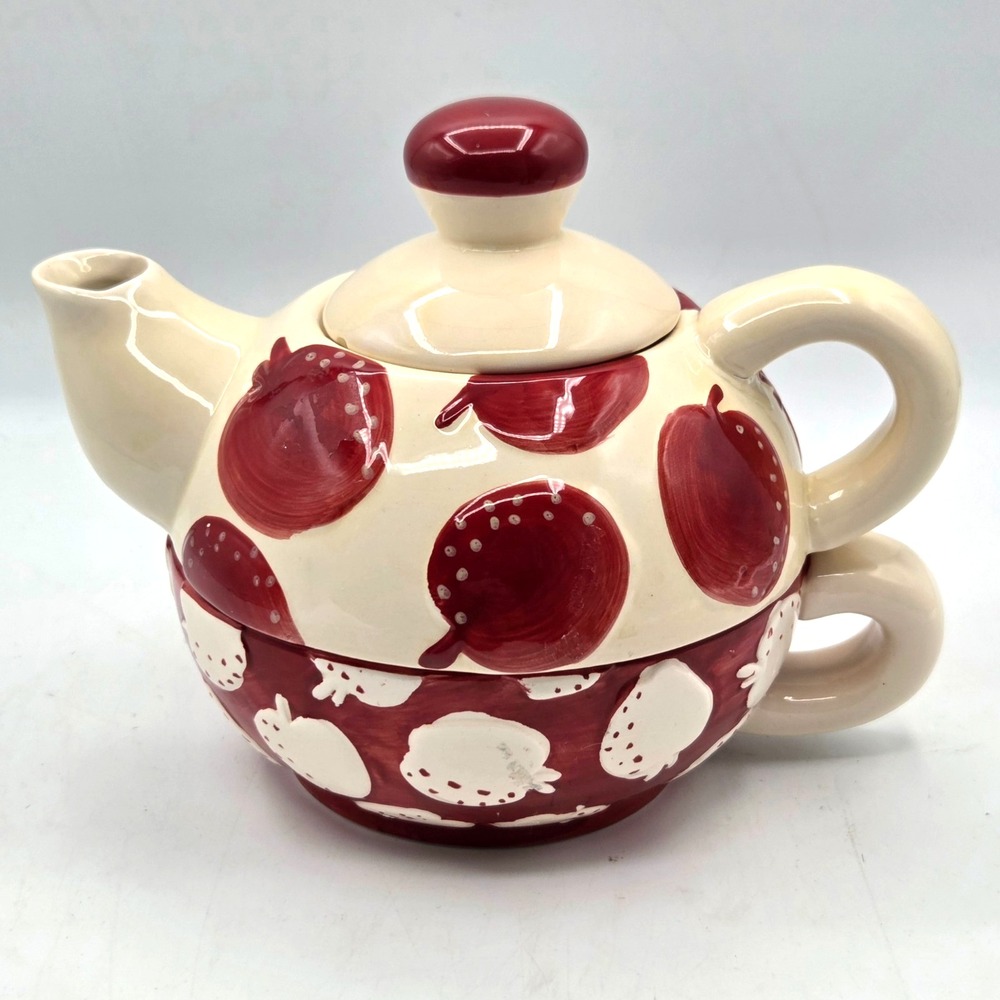 MSRF Inc Design Studios Teapot Tea For One 3 Piece Red and White Apples